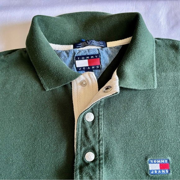 VINTAGE Tommy Jeans Hilfiger Green Polo Shirt Men’s Large Snap Button Flag Logo - Picture 2 of 7